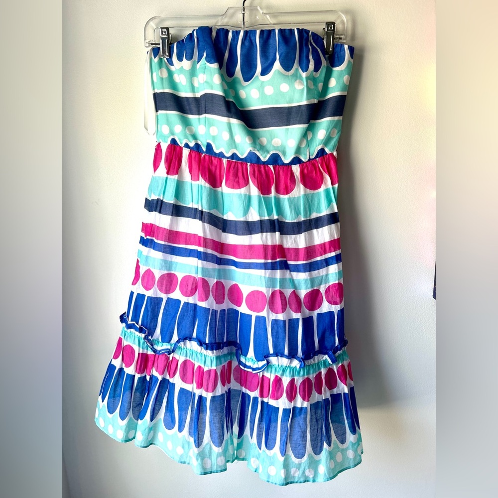 Vineyard Vines Ocean Splash Cotton Silk Strapless Mini Dress Blue Pink Sz 6